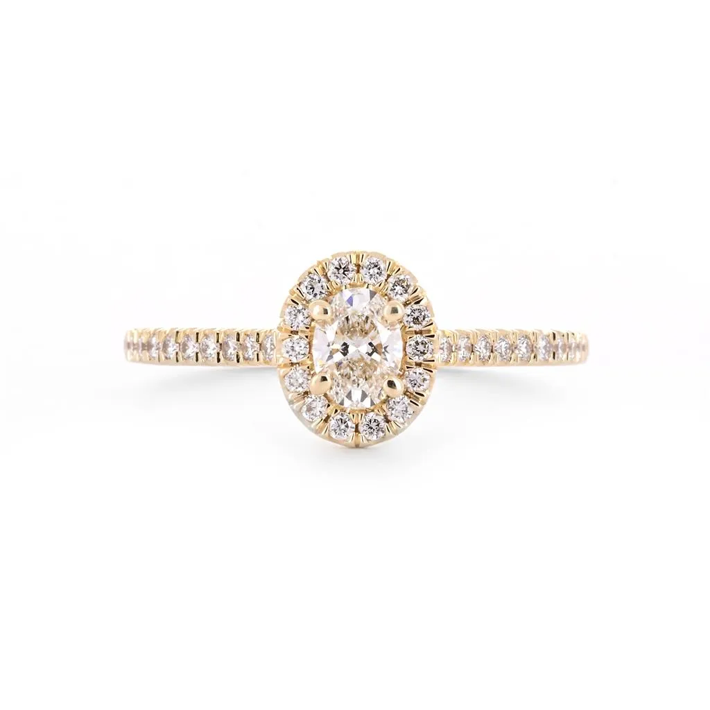 0.84ctw Oval Diamond Engagement Ring, Halo, Pavê Band, Cathedral - 14k Yellow Gold