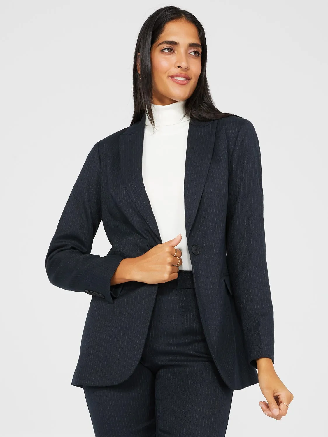 1-Button Striped Blazer With Flap Pockets