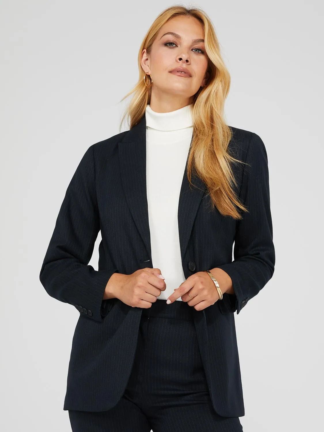 1-Button Striped Blazer With Flap Pockets