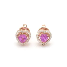 14K & 18K Gold Pink Sapphire Heart and Halo Diamond Stud Earrings