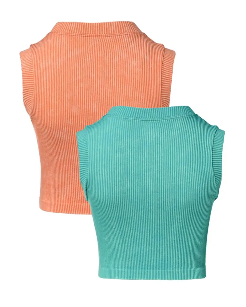 2 Pack Washed Seamless Sleeveless Rib Knit Crop Top