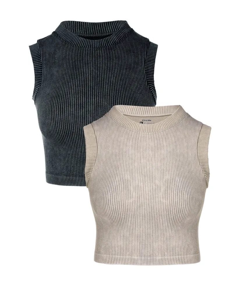 2 Pack Washed Seamless Sleeveless Rib Knit Crop Top