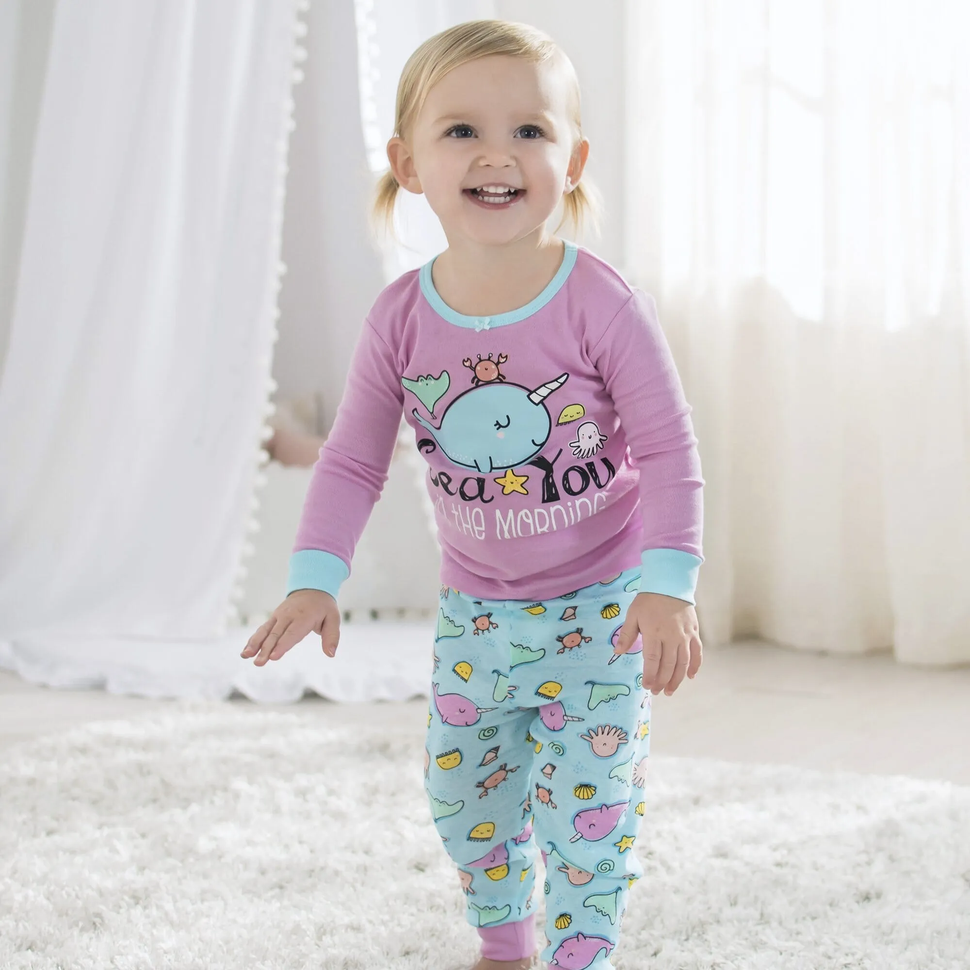 4-Piece Girls Narwhal Snug Fit Cotton Pajamas