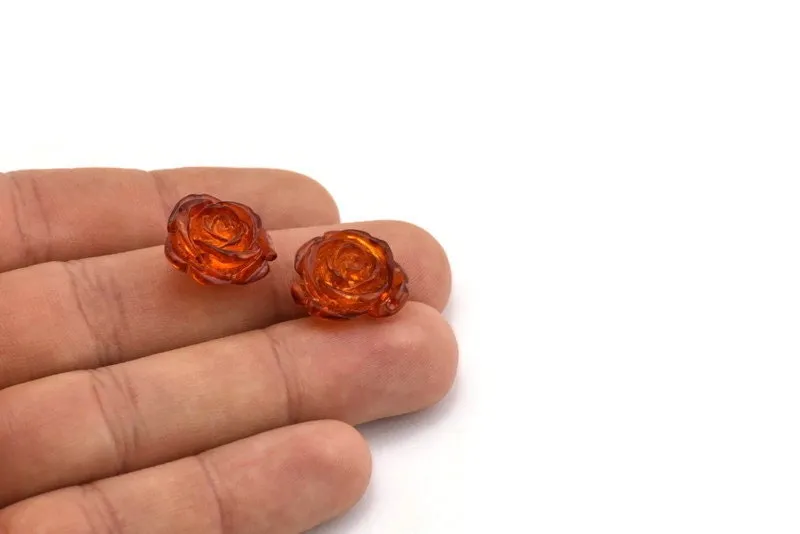 4 Syenthetic Amber Red Rose Shaped Flower Cabochons (17mm) Y035