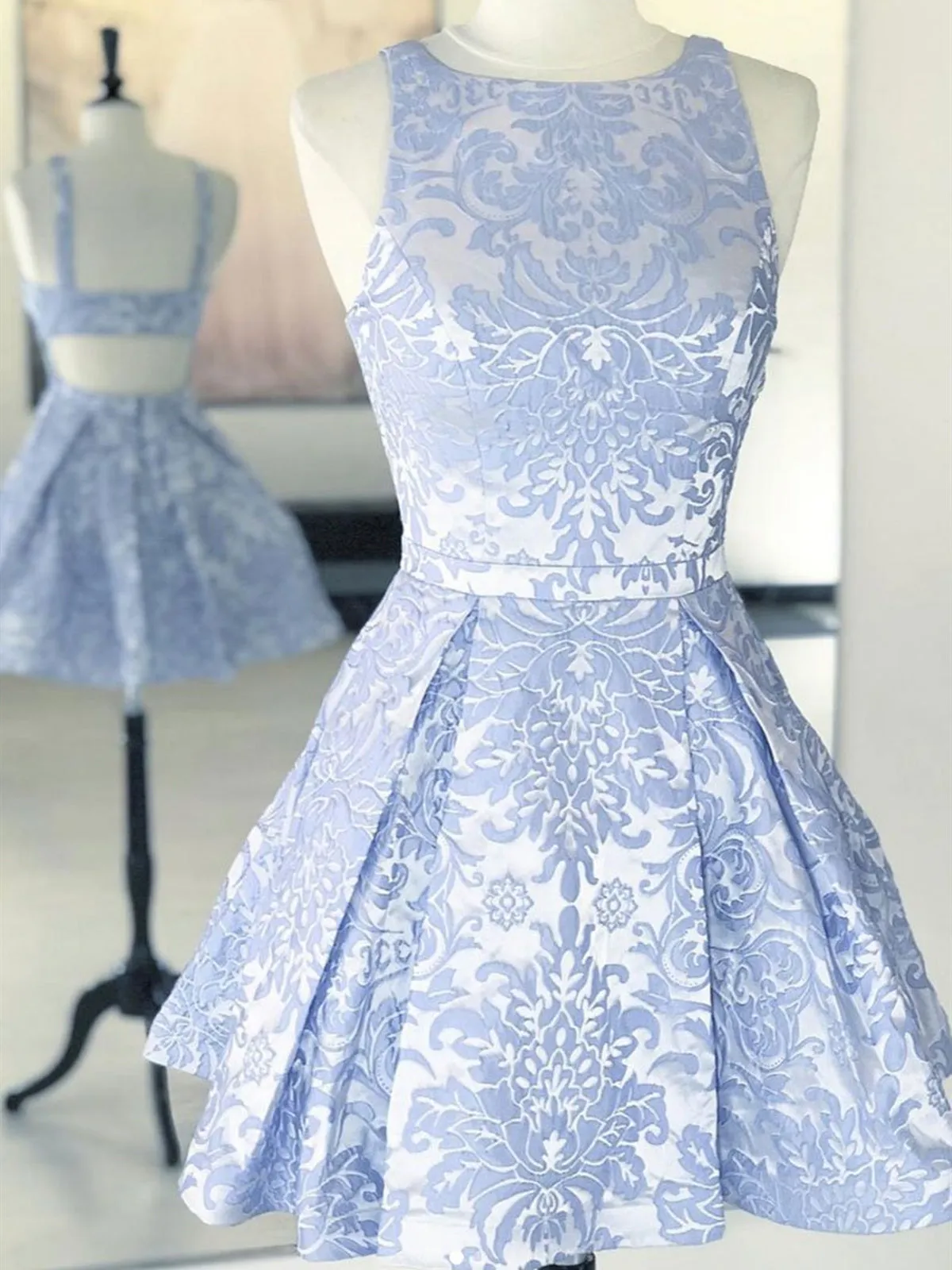 A Line Round Neck Open Back Short Blue Lace Prom Dresses, Short Blue Lace Formal Homecoming Graduation Dresses