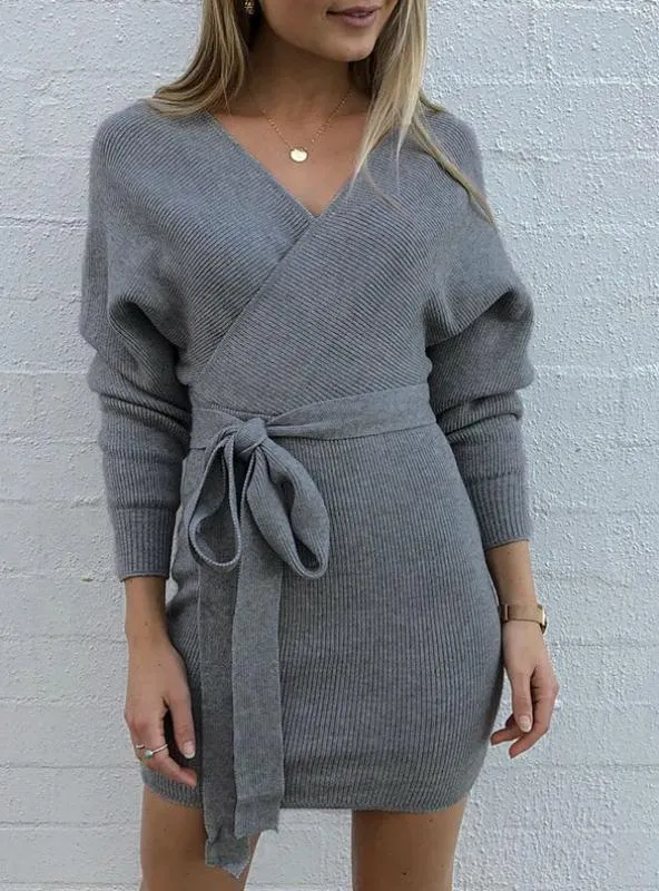 A Loose Binding Sexy Deep V-neck Sweater Dress