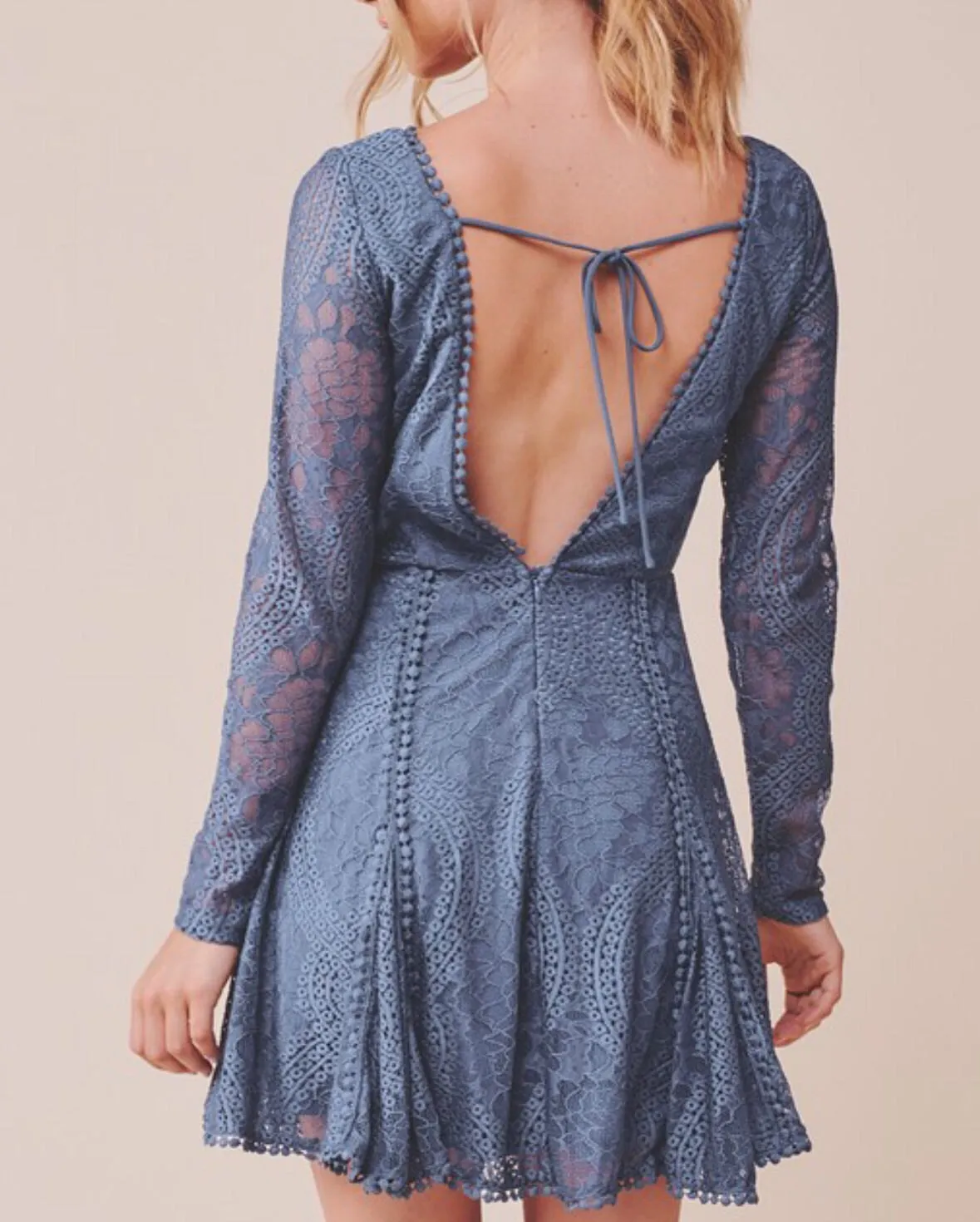 Abigail dusty blue lace long sleeve backless fit and flare Dress