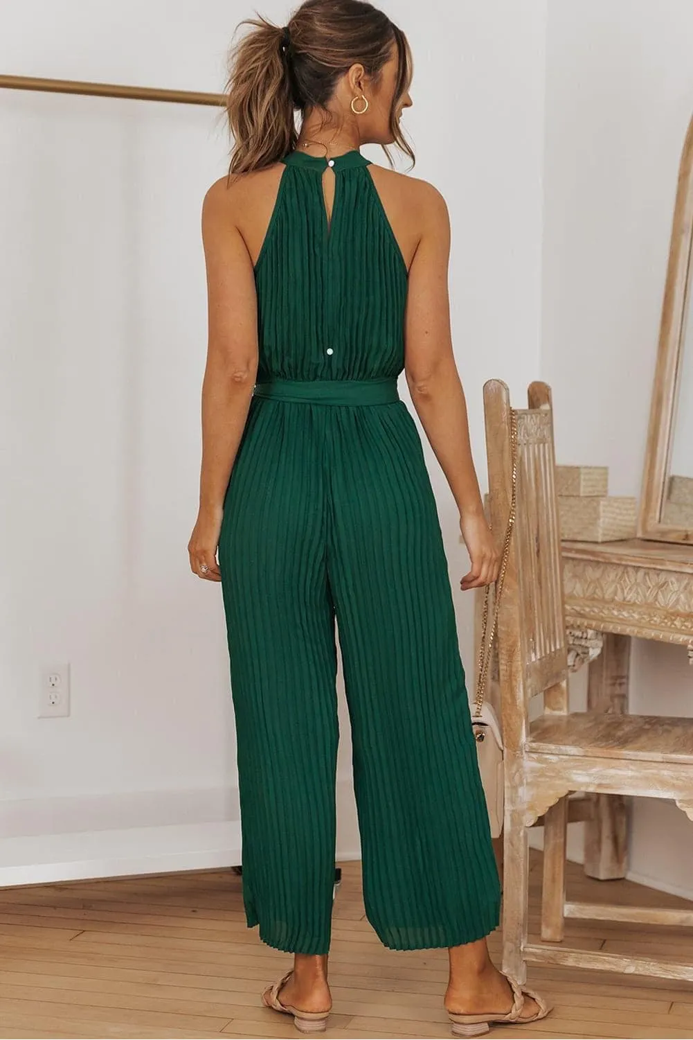 Accordion Pleated Belted Grecian Neck Sleeveless Jumpsuit