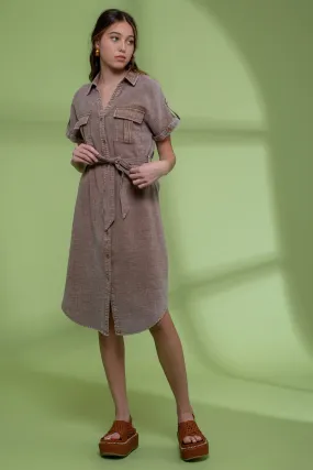 Acid Wash Button Down Dress in Mocha