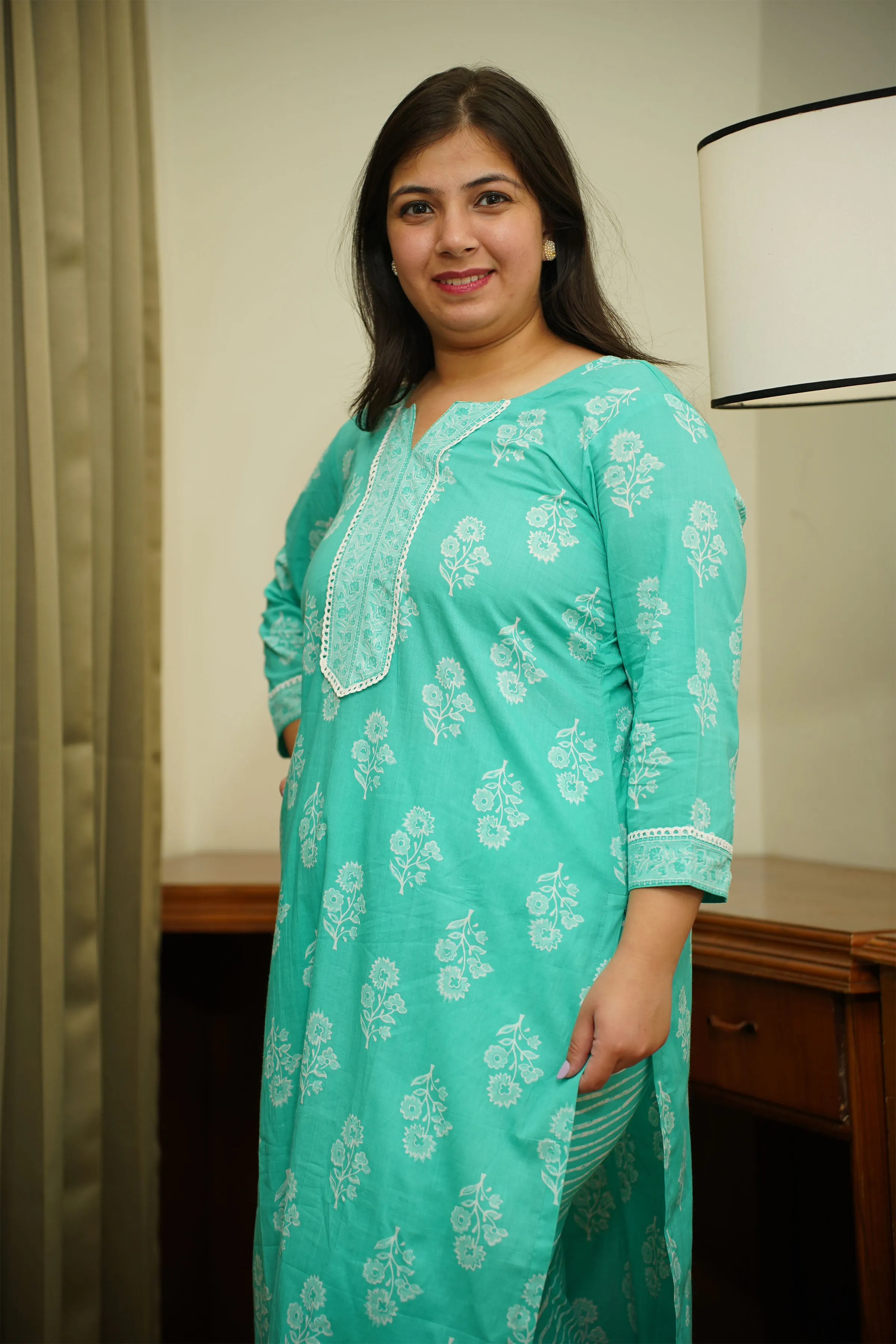 Aqua Green Block Printed Suit Set