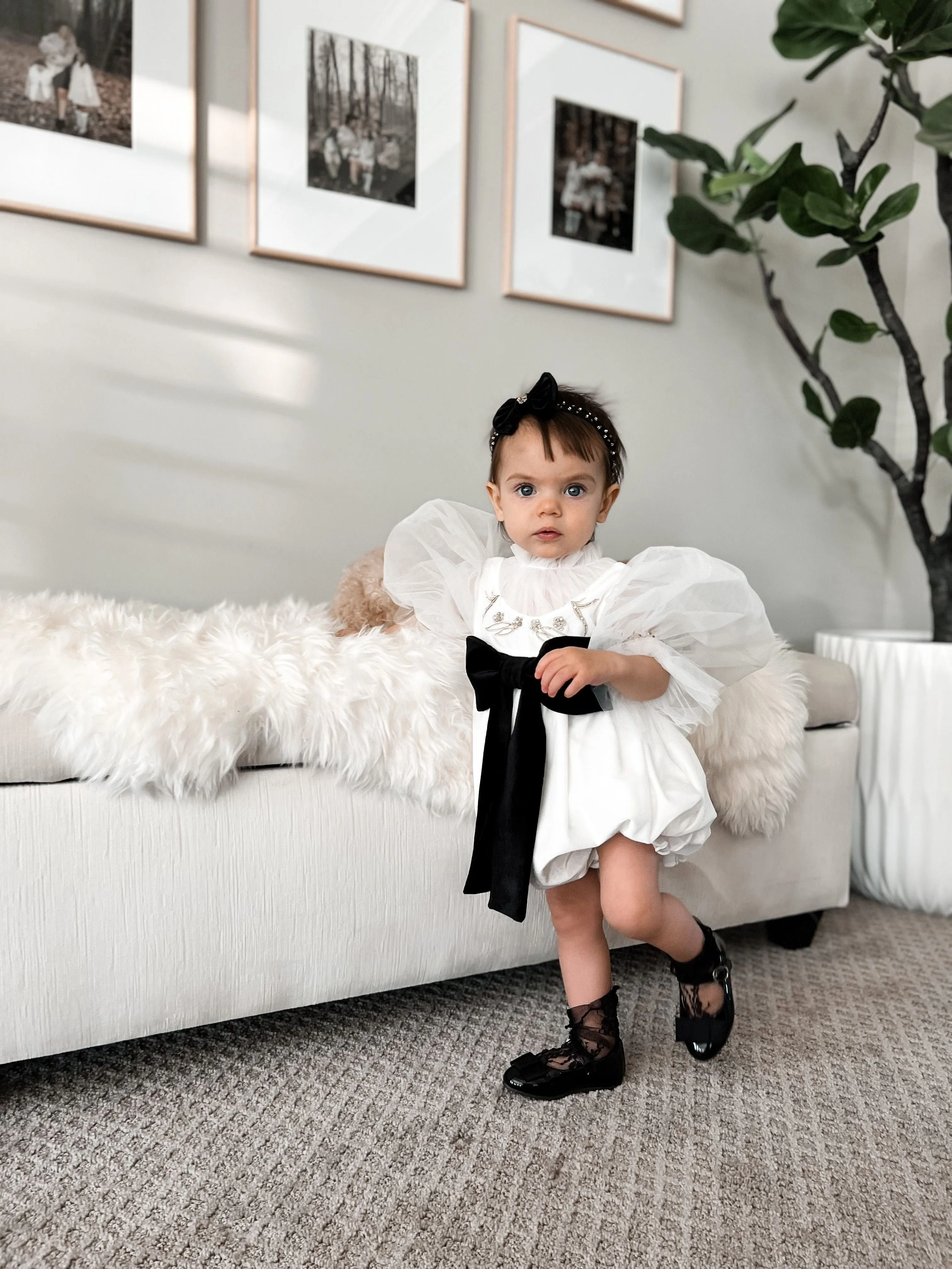 Aurora Ivory Velour Romper with Tulle Puff Sleeves