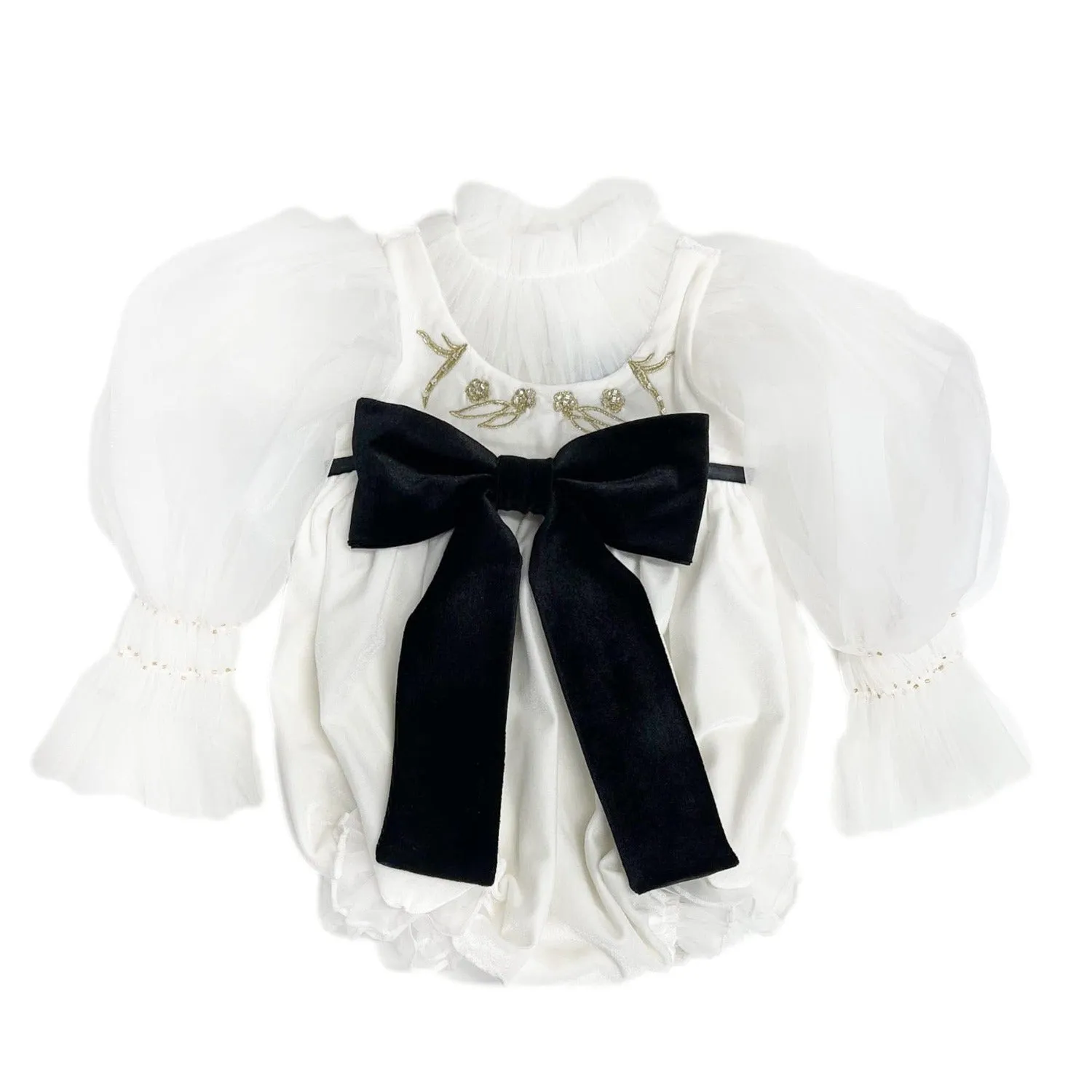 Aurora Ivory Velour Romper with Tulle Puff Sleeves