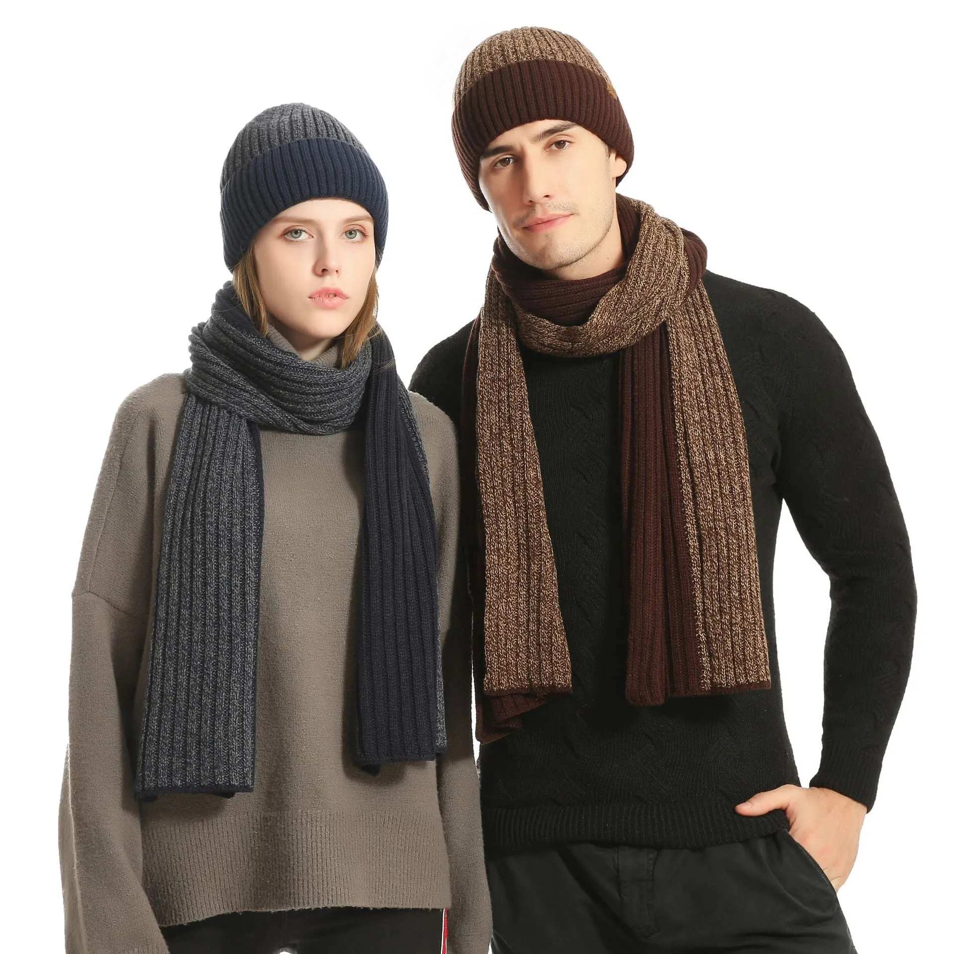 Autumn and Winter Woolen Cap Suit Color Matching Knitted Hat Thickened Scarf Gloves Three-Piece Set