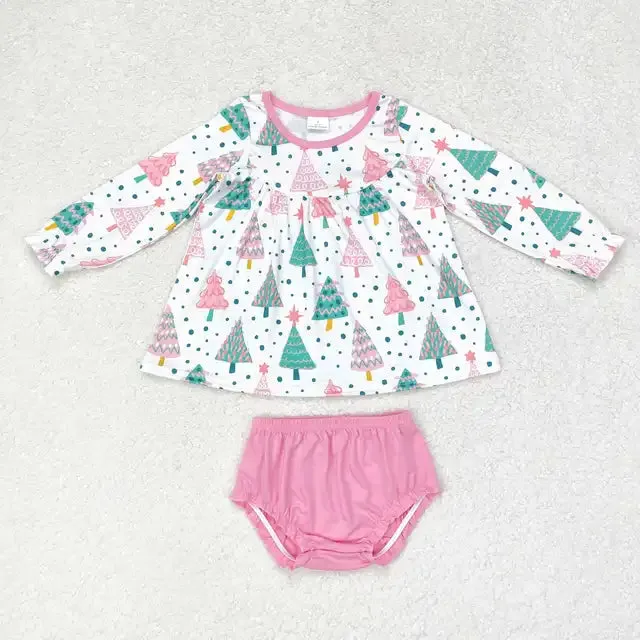 Baby Romper Pink Christmas Trees   Bummie