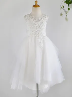 Ball Gown Lace Tulle Sleeveless Jewel Neck Asymmetrical Wedding First Communion Birthday Flower Girl Dresses