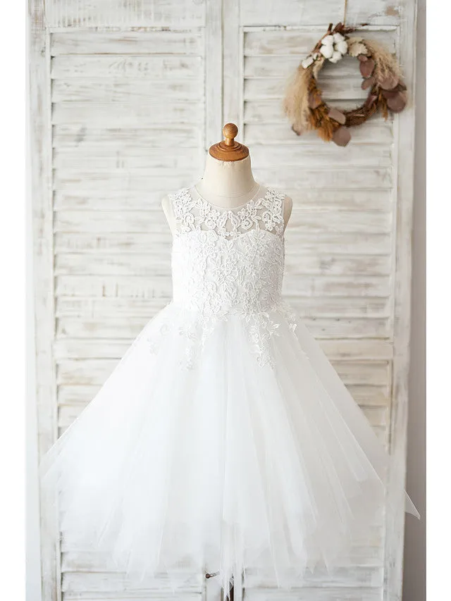 Ball Gown Lace Tulle Sleeveless Jewel Neck Wedding Birthday Flower Girl Dresses