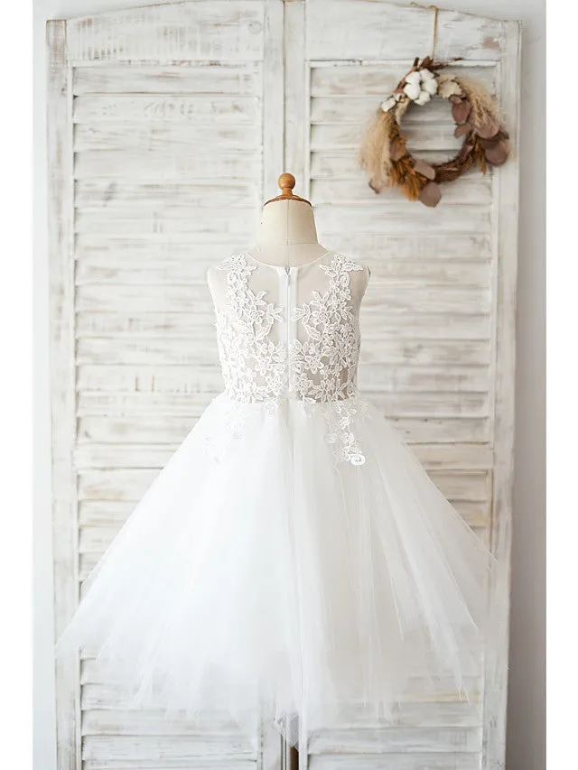 Ball Gown Lace Tulle Sleeveless Jewel Neck Wedding Birthday Flower Girl Dresses