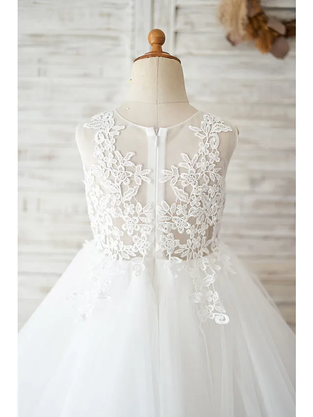 Ball Gown Lace Tulle Sleeveless Jewel Neck Wedding Birthday Flower Girl Dresses