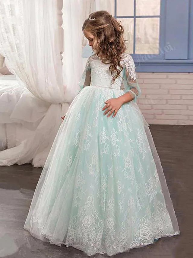 Ball Gown Lace Tulle Sweep Brush Train Wedding Party Flower Girl Dresses with Sleeves