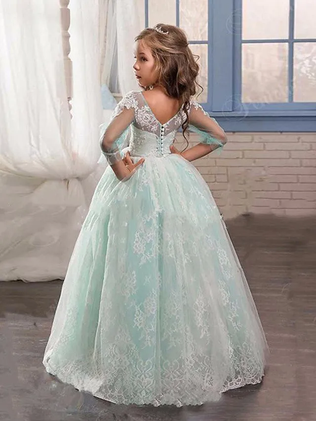 Ball Gown Lace Tulle Sweep Brush Train Wedding Party Flower Girl Dresses with Sleeves