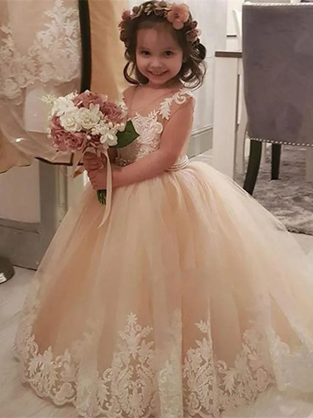 Ball Gown Lace Tulle Sweep Brush Train Wedding Party Flower Girl Dresses