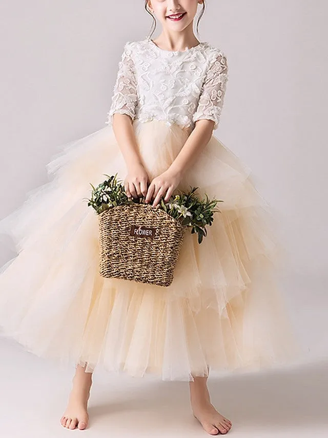 Ball Gown Tulle Jewel Neck Pageant Flower Girl Dresses With Sleeves