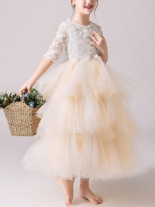 Ball Gown Tulle Jewel Neck Pageant Flower Girl Dresses With Sleeves