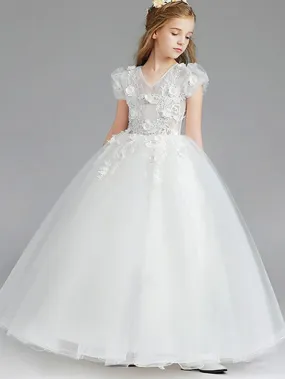 Ball Gown Tulle Short Sleeve V Neck Wedding Party Flower Girl Dresses