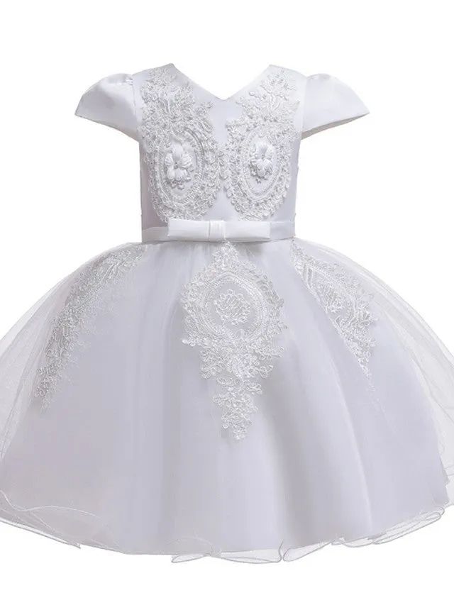 Ball Gown Tulle Short Sleeve V Neck Wedding Party Flower Girl Dresses