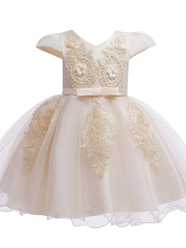 Ball Gown Tulle Short Sleeve V Neck Wedding Party Flower Girl Dresses