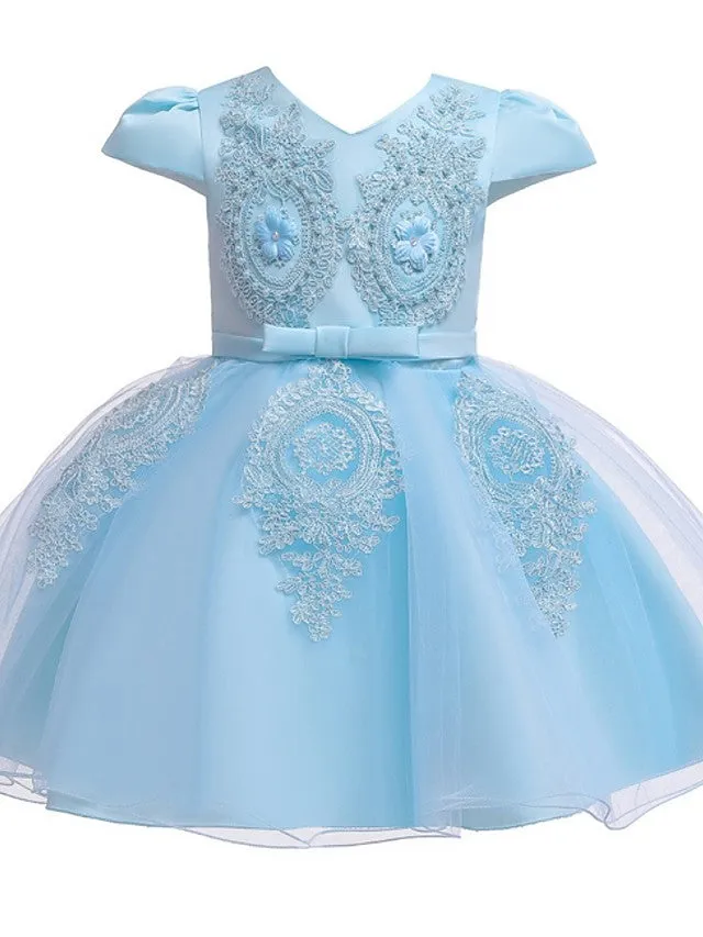 Ball Gown Tulle Short Sleeve V Neck Wedding Party Flower Girl Dresses