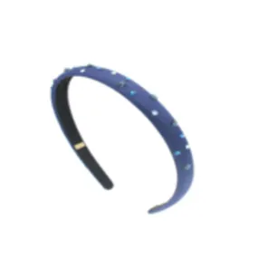 Bari Lynn Thin Swarovski Crystal Satin Headband - Navy