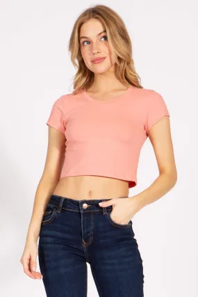 Basic Short Sleeve Round Neck Crop Tee Top 313cr mauve pink