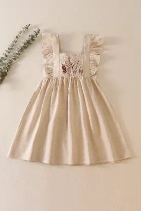 Beige floral embroidery ruffle linen dress