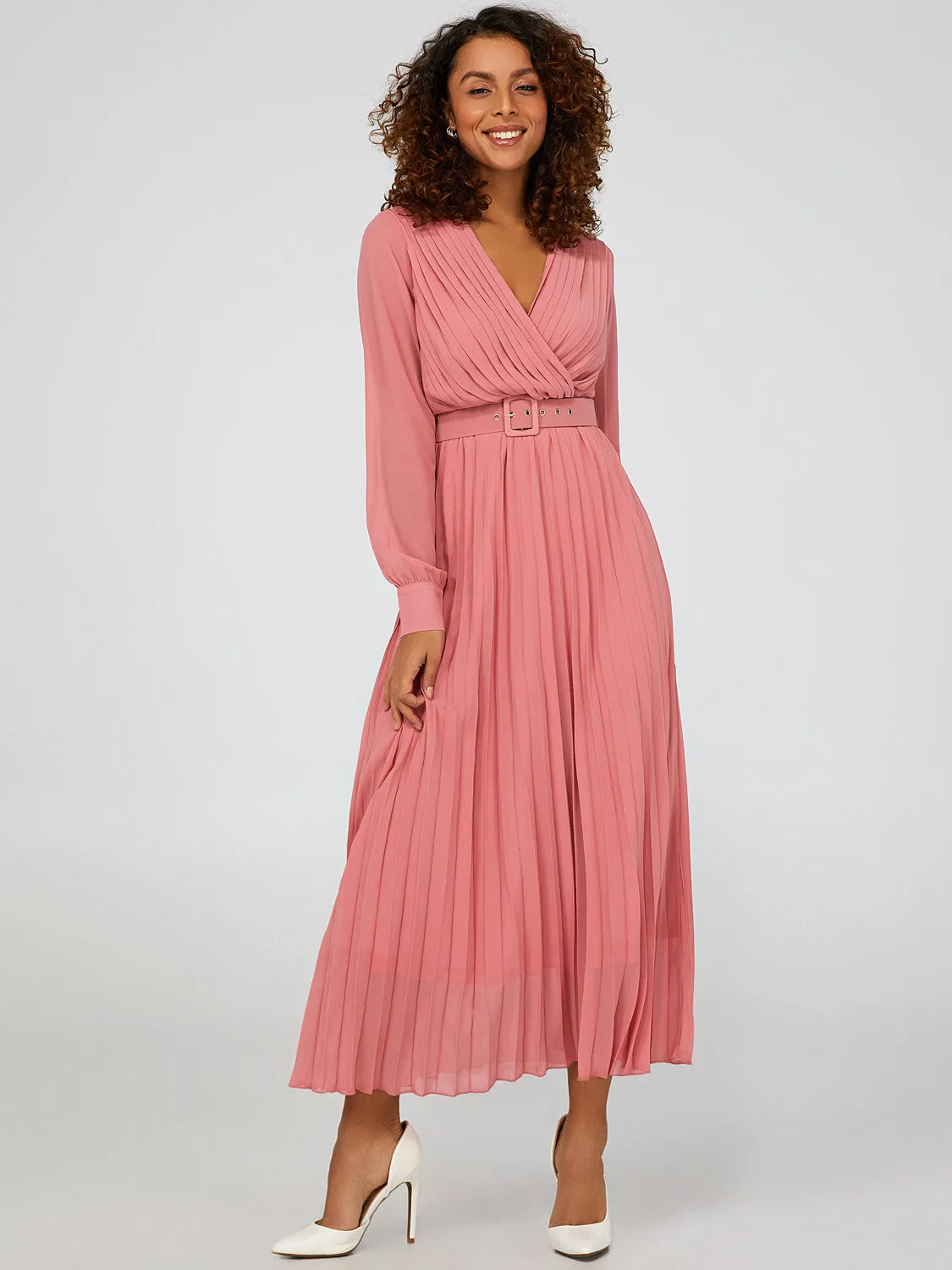 Belted Crossover Pleated Dress