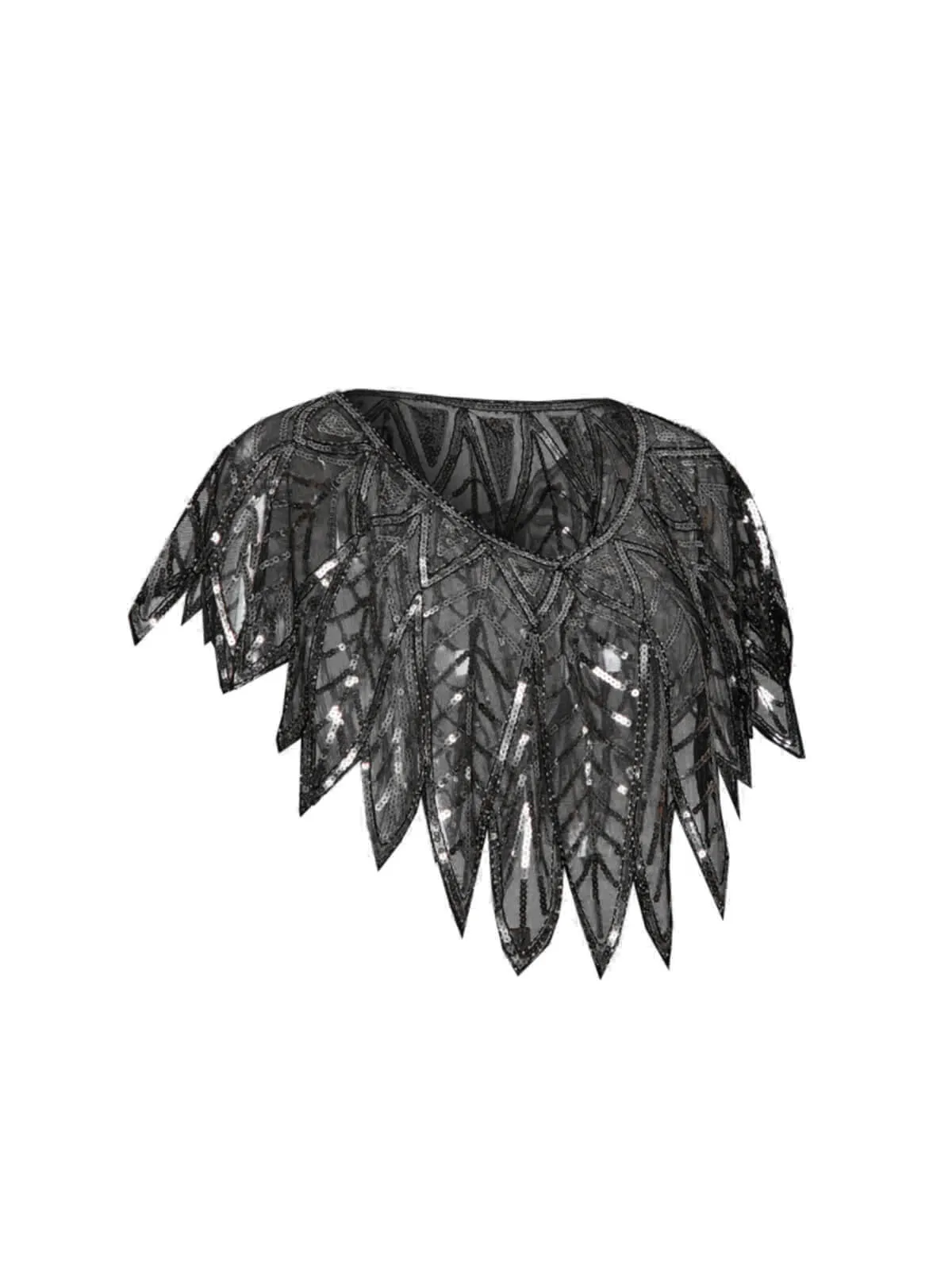 Black 1920s Leaves Sequined Mesh Cape