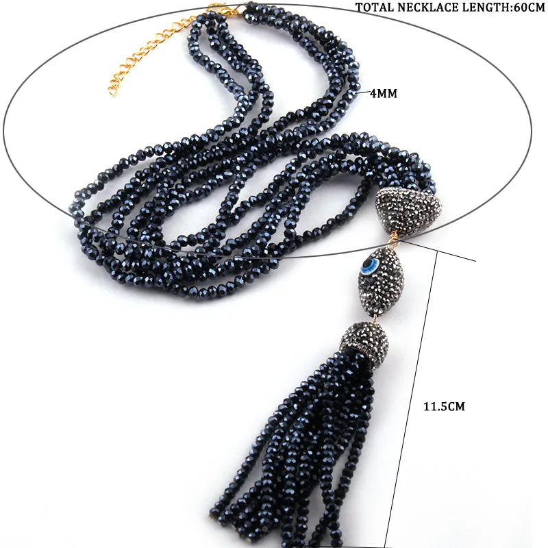 Black Crystal Fully Beaded Turkish Evil Eye Long Tassel Necklace