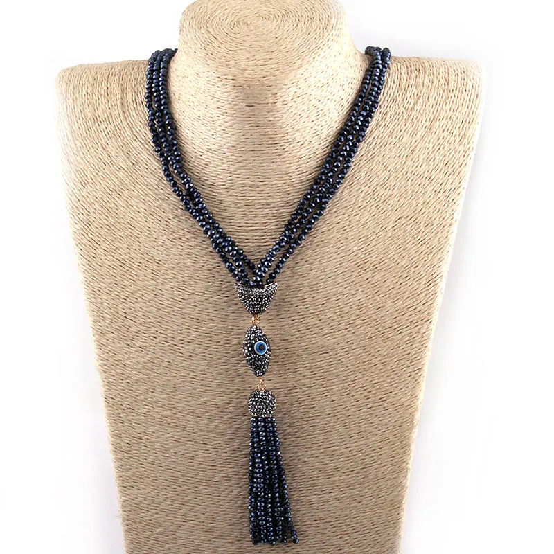 Black Crystal Fully Beaded Turkish Evil Eye Long Tassel Necklace