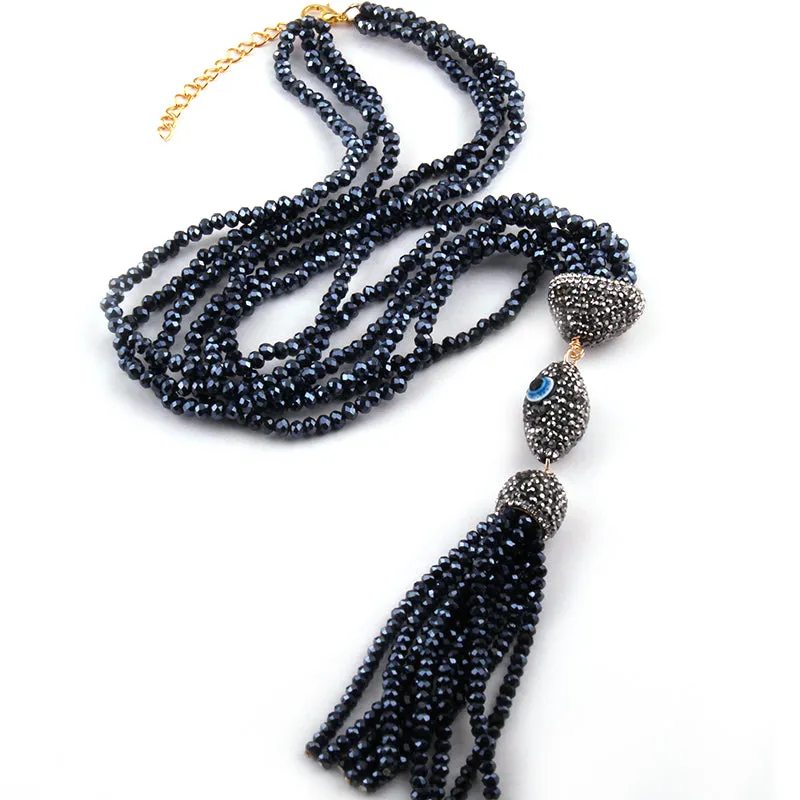 Black Crystal Fully Beaded Turkish Evil Eye Long Tassel Necklace