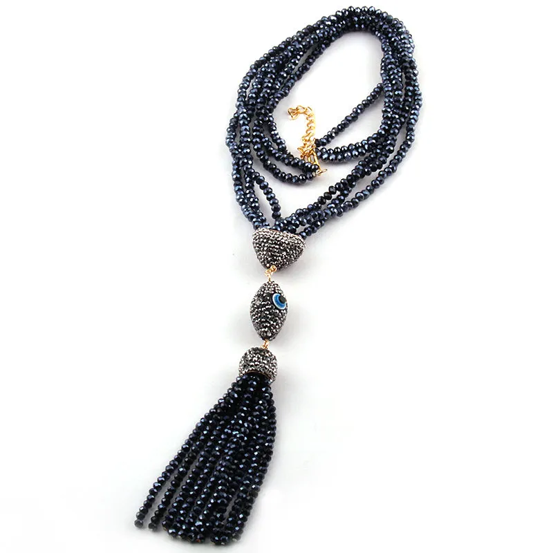 Black Crystal Fully Beaded Turkish Evil Eye Long Tassel Necklace