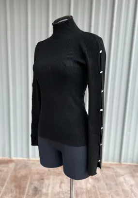 Black Ribbed Turtleneck with Crystal Sleeves