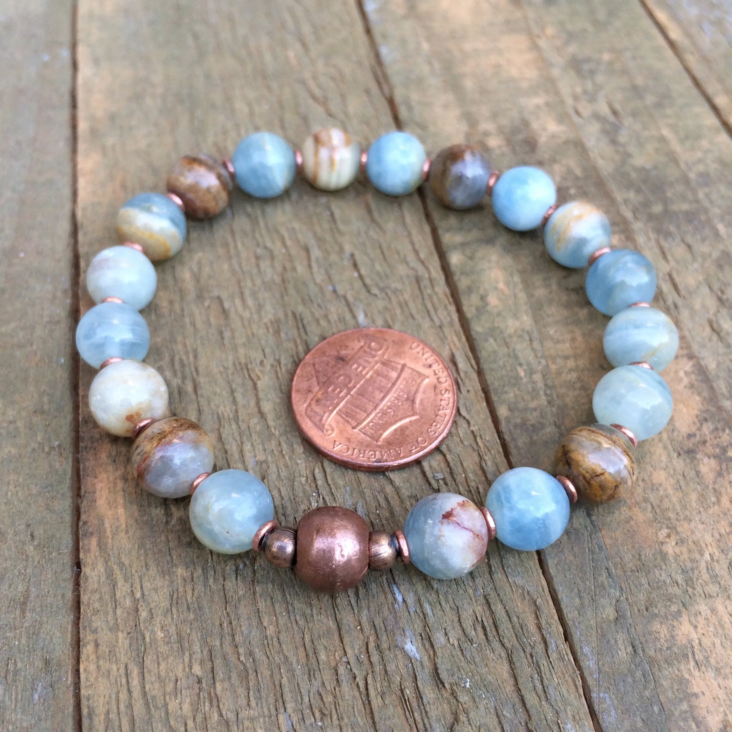 Blue Calcite Bracelet, Beaded Stone Stretch Bracelet, Unisex Calcite Bracelet, Blue Calcite and Copper Jewelry, Blue Beaded Jewelry