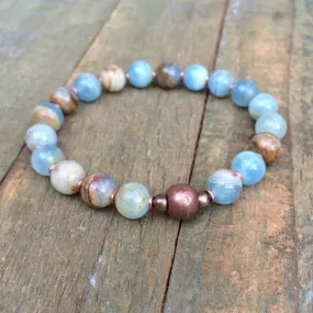 Blue Calcite Bracelet, Beaded Stone Stretch Bracelet, Unisex Calcite Bracelet, Blue Calcite and Copper Jewelry, Blue Beaded Jewelry