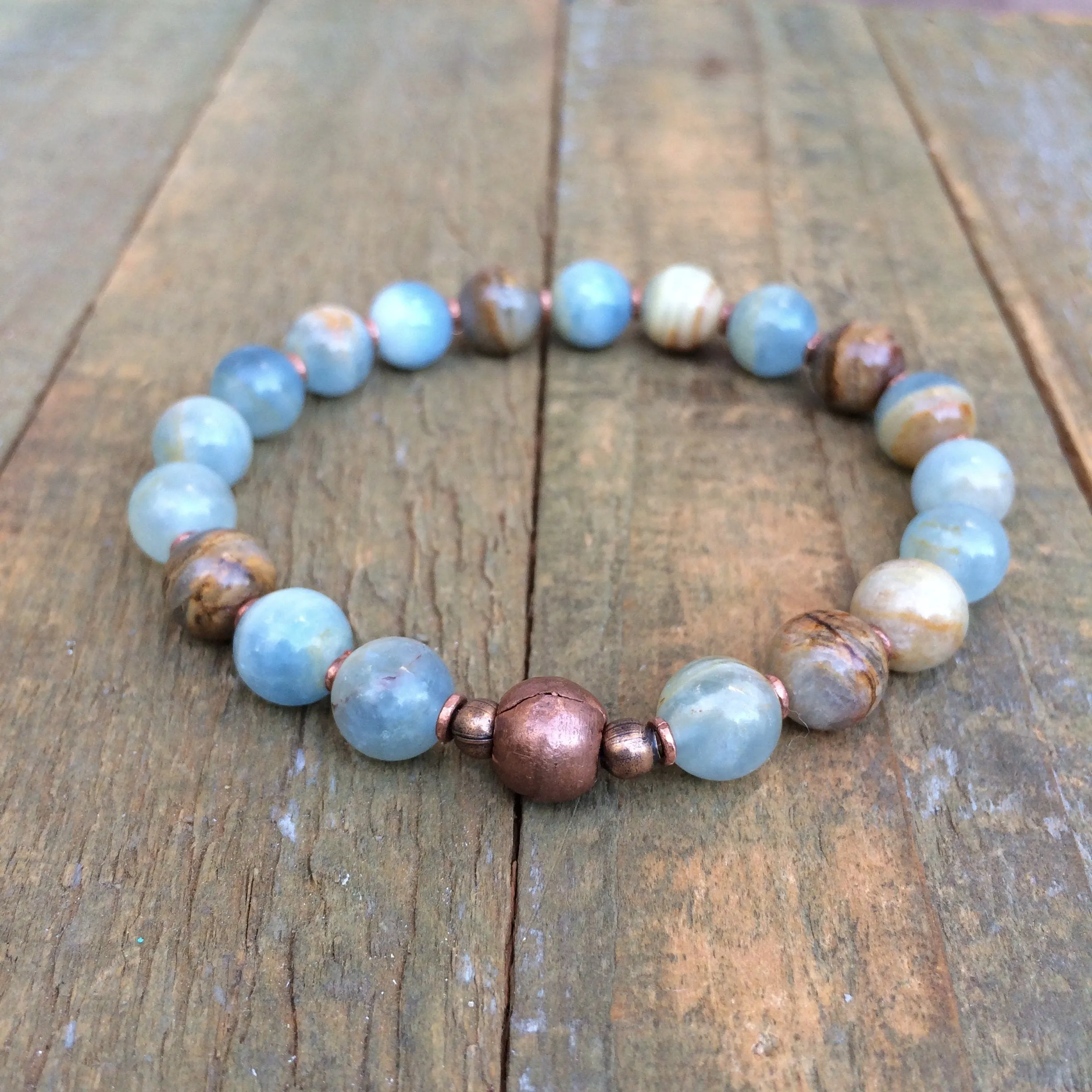 Blue Calcite Bracelet, Beaded Stone Stretch Bracelet, Unisex Calcite Bracelet, Blue Calcite and Copper Jewelry, Blue Beaded Jewelry