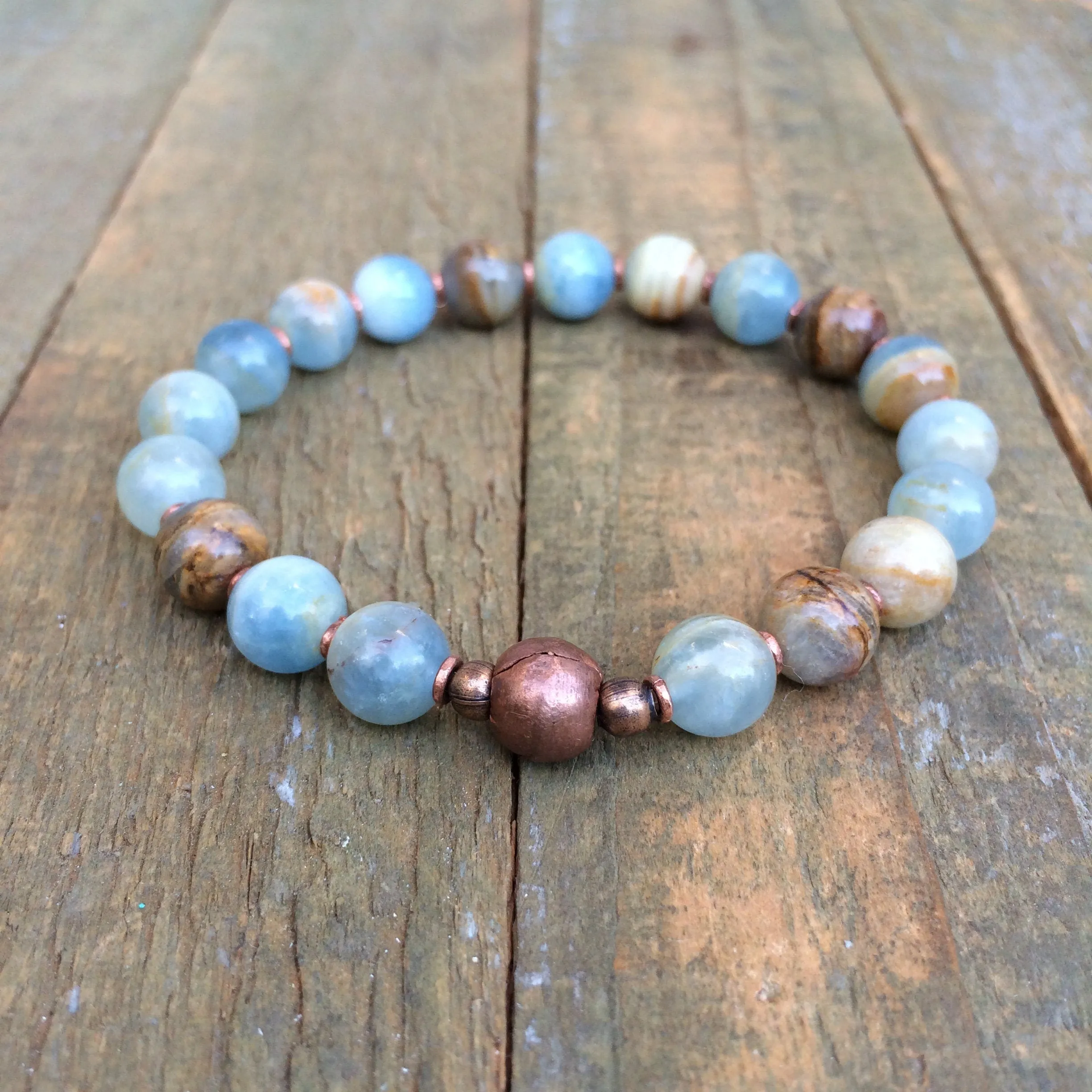 Blue Calcite Bracelet, Beaded Stone Stretch Bracelet, Unisex Calcite Bracelet, Blue Calcite and Copper Jewelry, Blue Beaded Jewelry