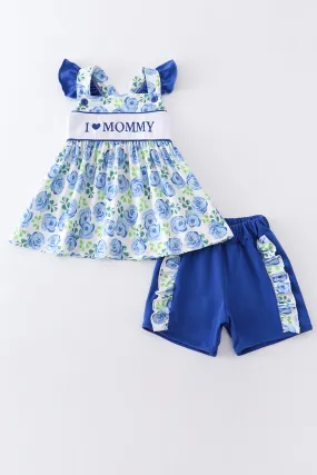 Blue rose print I love mommy embroidery girl set