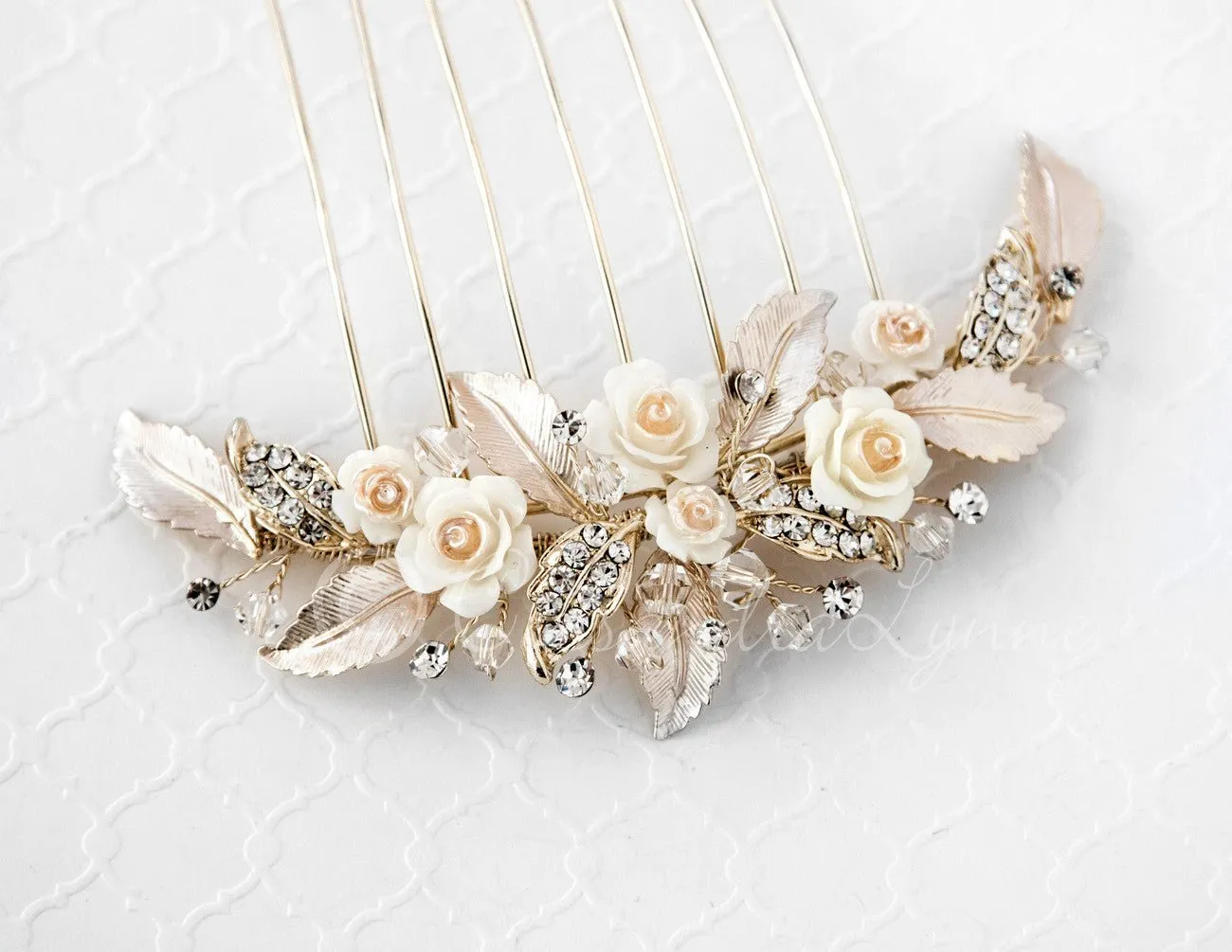 Bridal Veil Comb of Porcelain Flowers and Light Gold Leaves