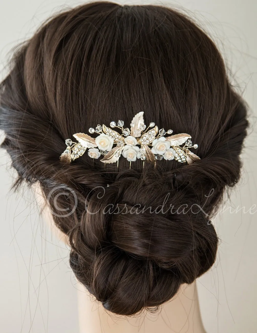 Bridal Veil Comb of Porcelain Flowers and Light Gold Leaves