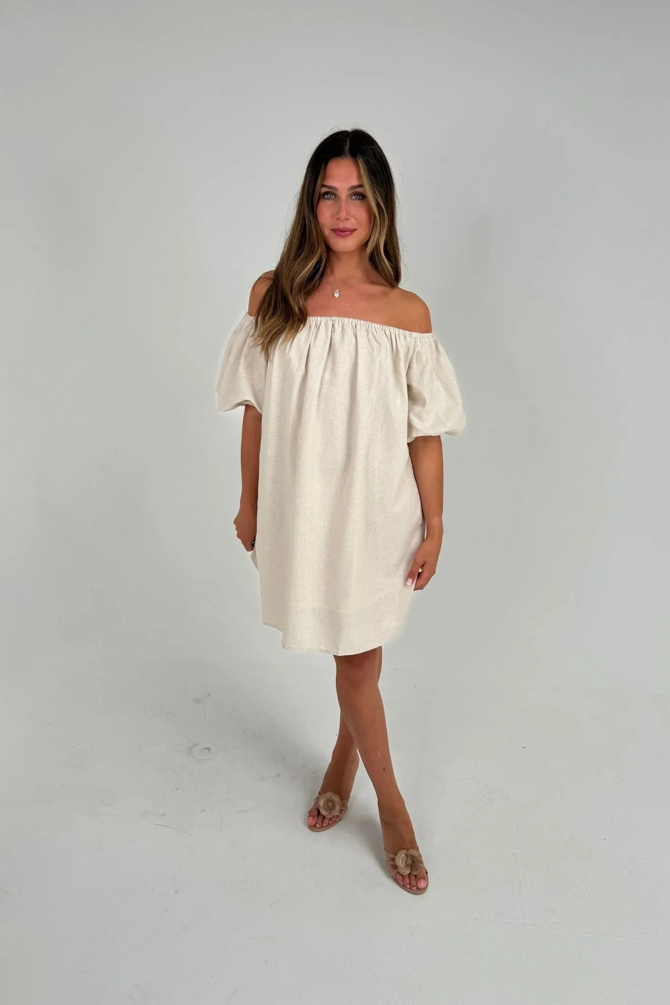 Caitlyn Puff Sleeve Bardot Dress In Neutral