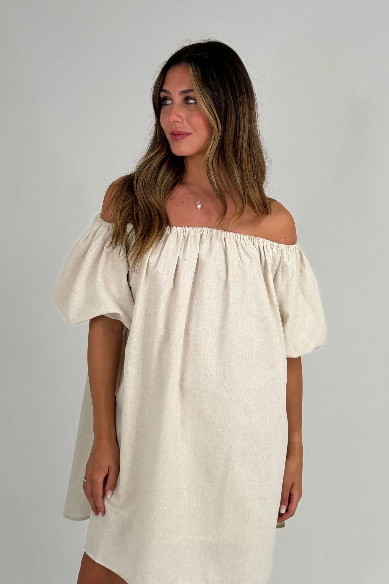 Caitlyn Puff Sleeve Bardot Dress In Neutral